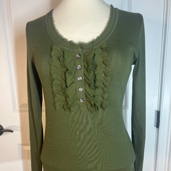 Banana Republic Tops - Banana Republic Size M Olive Green with Ruffle Detailing, Buttons Raw Cut Trim